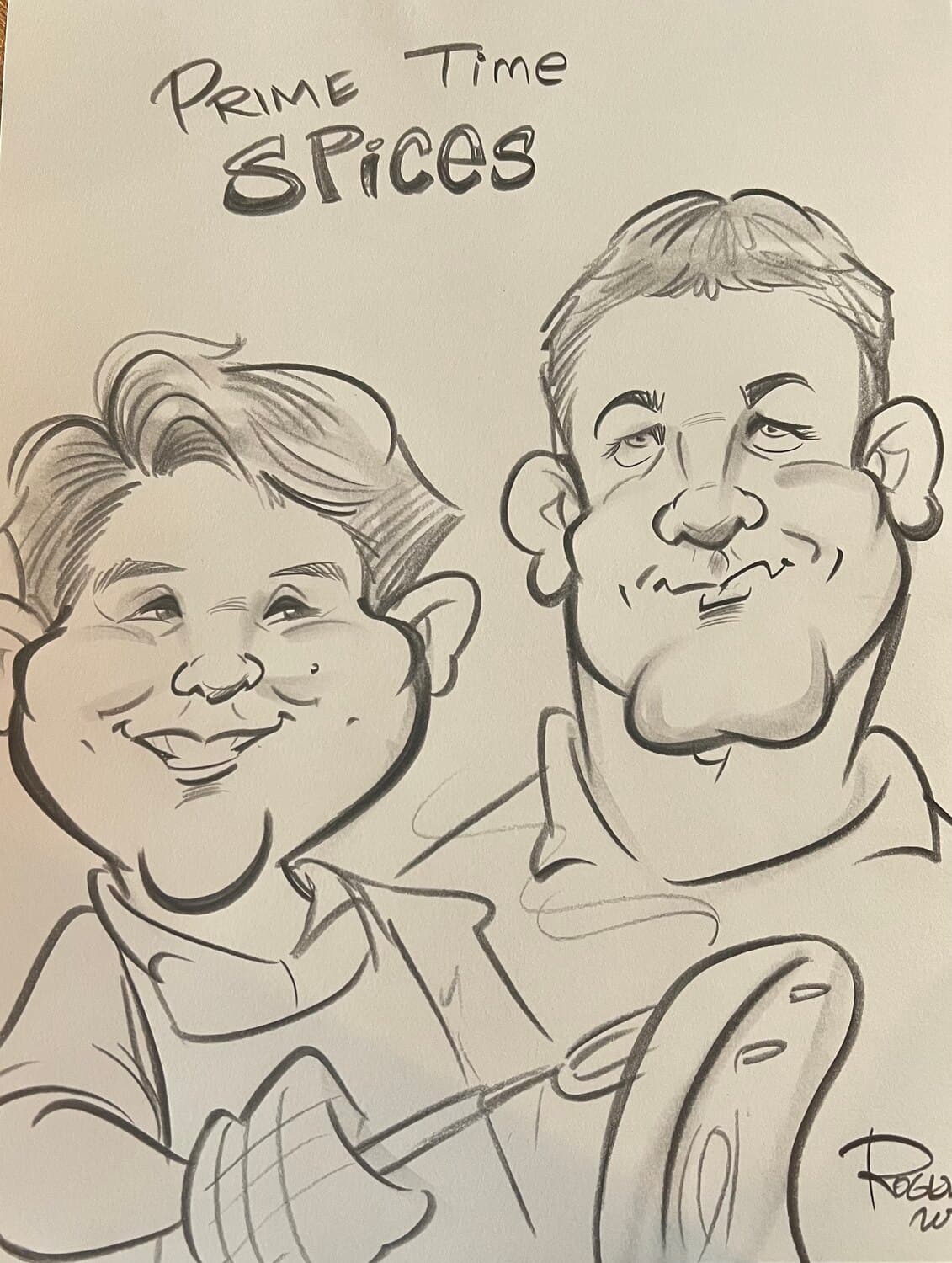 Caricature illustration of Prime Time Spices founders Logan Hendrickson and Marc Siemers