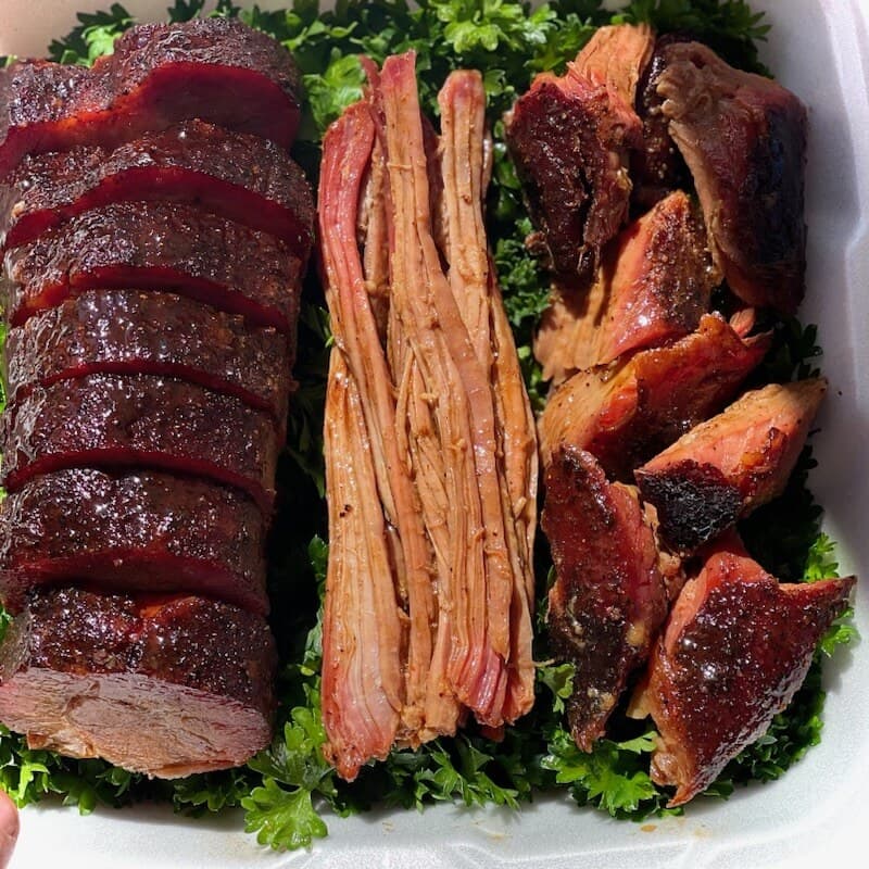 Competition brisket trio — sliced brisket, pulled brisket, and burnt ends